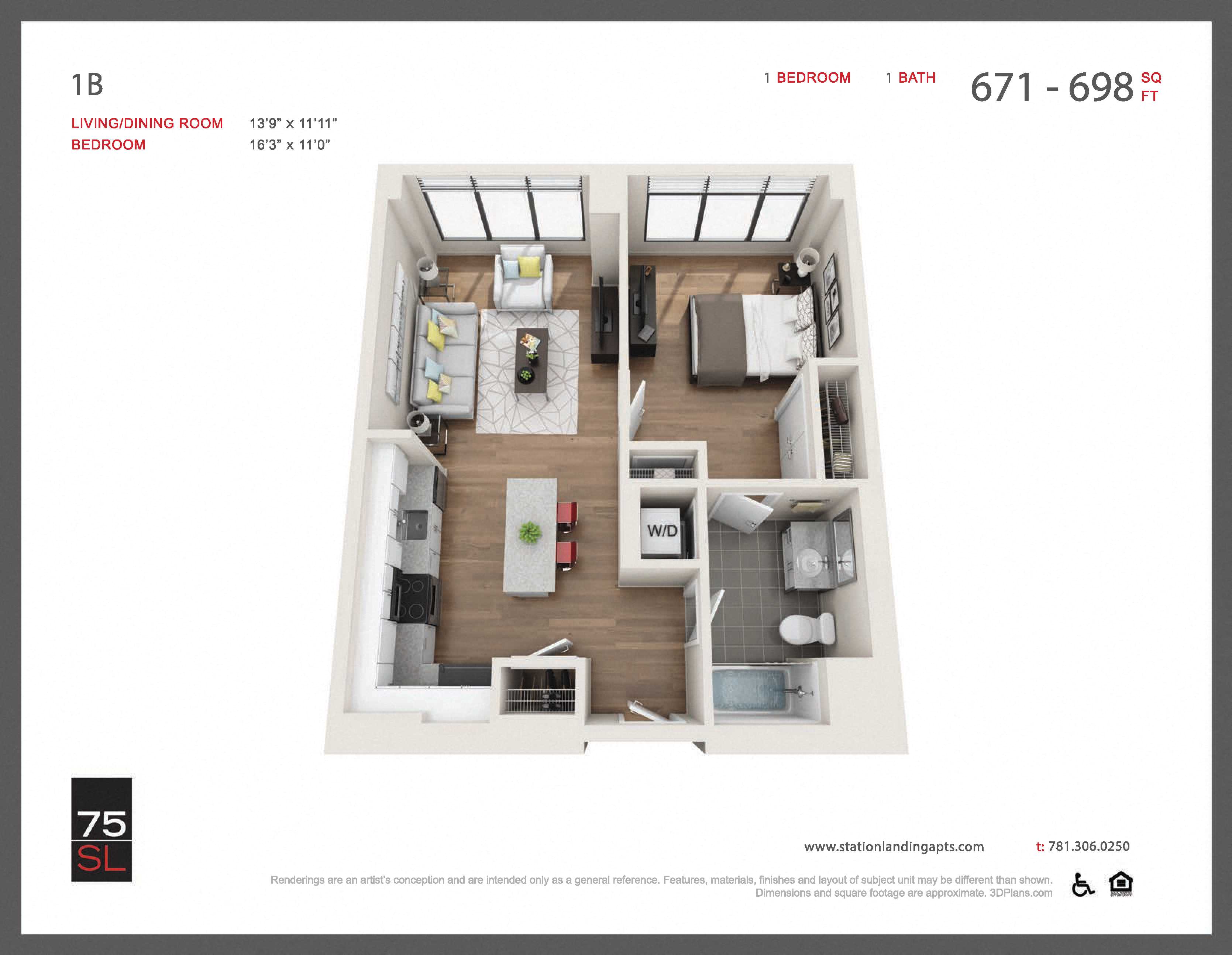 Floor plan for 1 bed, 1 bath, 693 sqft